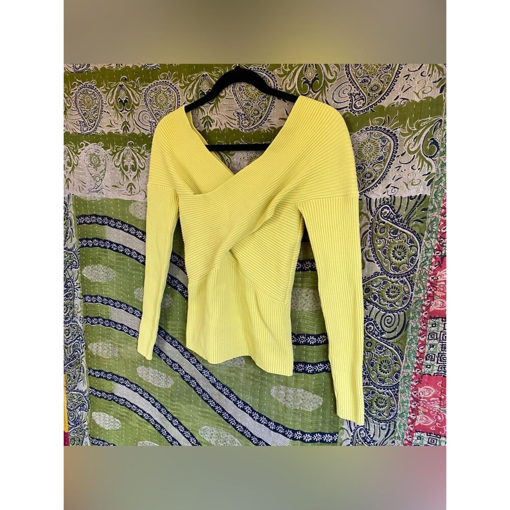 The Fold Lemon Yellow Criss Cross Ribbed Long Sleeve Top Size Small Loud Luxury - Picture 6 of 14